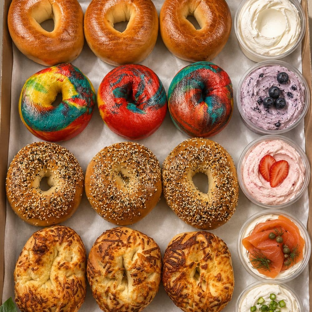 A box of a dozen assorted Lucia's bagels — plain, rainbow, everything, and cheese — with five cream cheese spreads