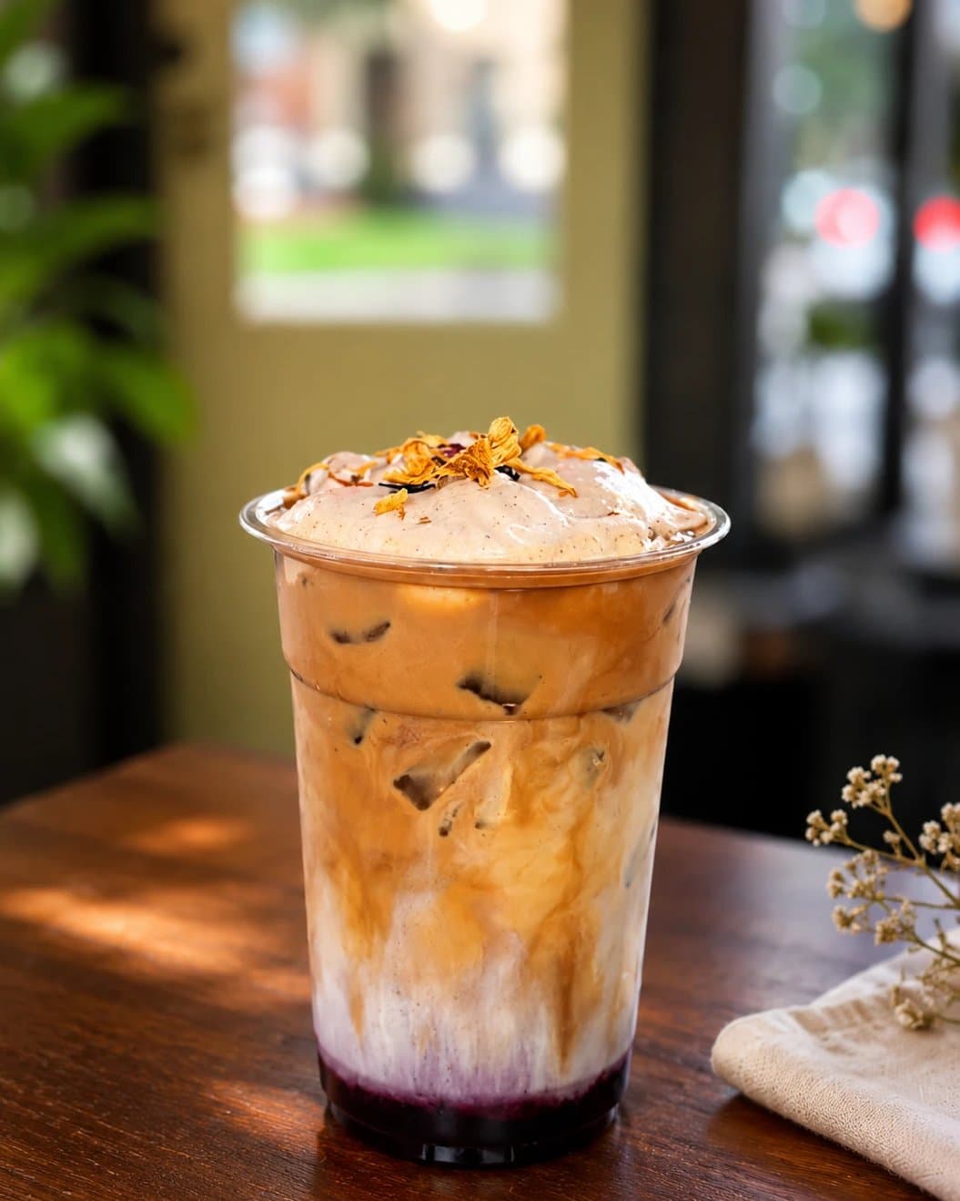 Lucia's Blueberry Cloud - an iced latte over a deep berry base, topped with a tall airy foam cloud and dried petals