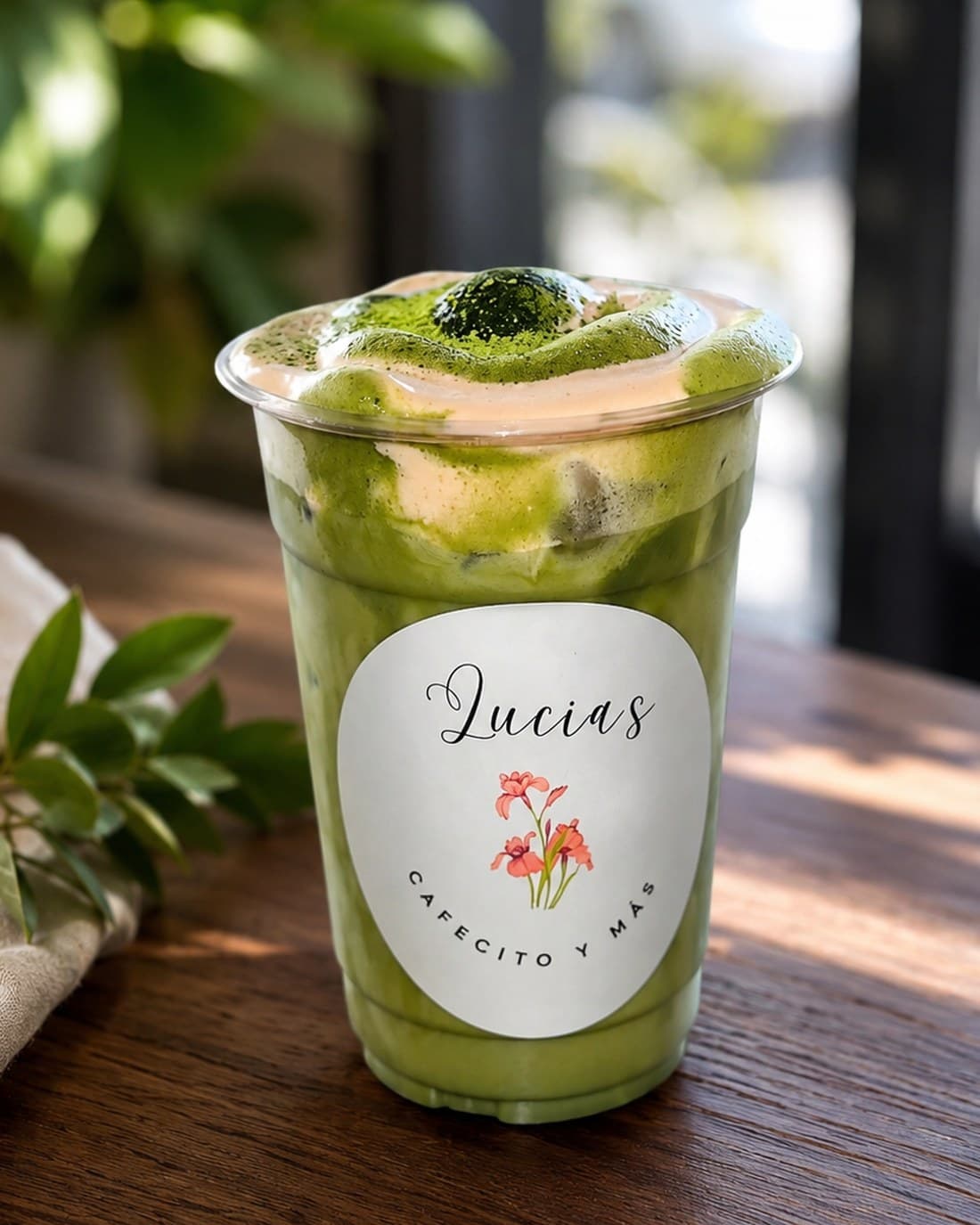 Lucia's iced matcha latte in a branded cup, layered green over milk and topped with a matcha-dusted cream swirl