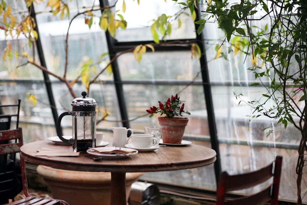 A cozy window table inside the café